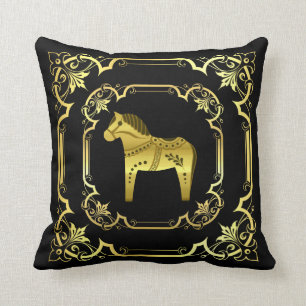 Guld/svart folkdala häst, gylt design/svart kudde
