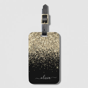 Guld Svart Girlly Glitter Glans Monogram Namn Bagagebricka