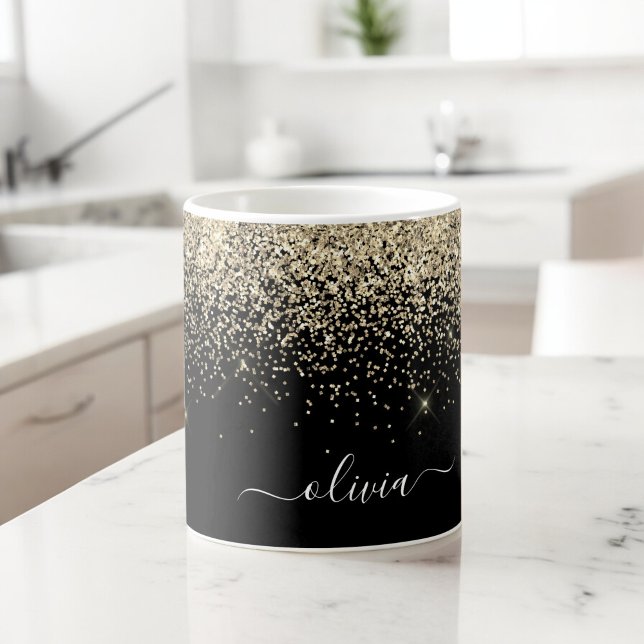 Guld Svart Girlly Glitter Glans Monogram Namn Kaffemugg (Skapare uppladdad)