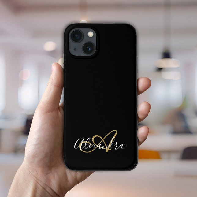 Guld Svart Girly Skript Namn Monogram (Elegant Gold Black Girly Script Name Monogram Case-Mate iPhone Case)