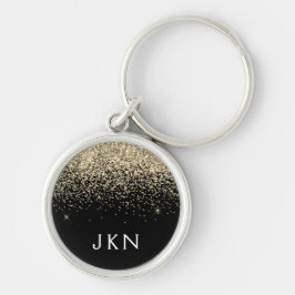 Guld Svart Glitter Girly Monogram Initialer Rund Silverfärgad Nyckelring