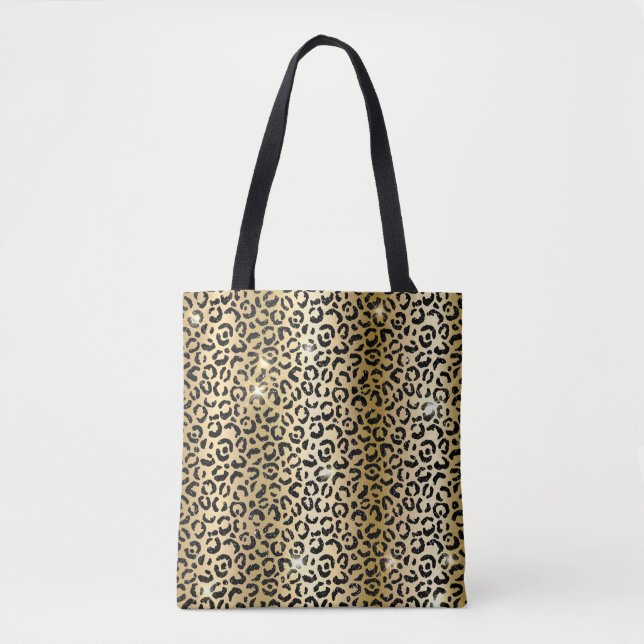 Guld & Svart Glitter Glam Leopardfläckar Tryck Tygkasse (Framsida)
