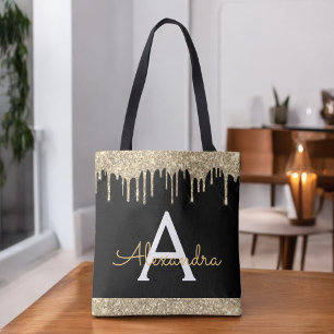 Guld Svart Glitter Glans Elegant Monogram Tygkasse