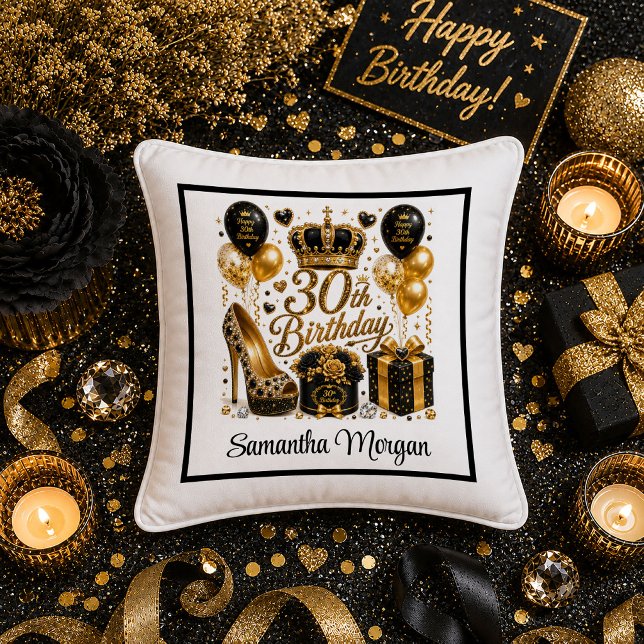 Guld Svart Glitter Lyx 30-års Födelsedags Kudde (Gold Black Glitter Luxe 30th Birthday Pillow)