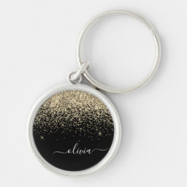 Guld Svart Glitter Skript Monogram Flickaktigt Nam Rund Silverfärgad Nyckelring