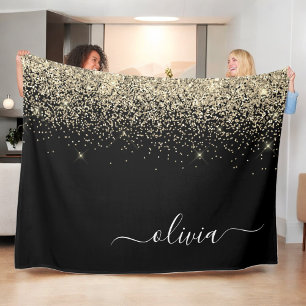 Guld Svart Glitter Skript Monogram Girlaktigt Namn Fleecefilt