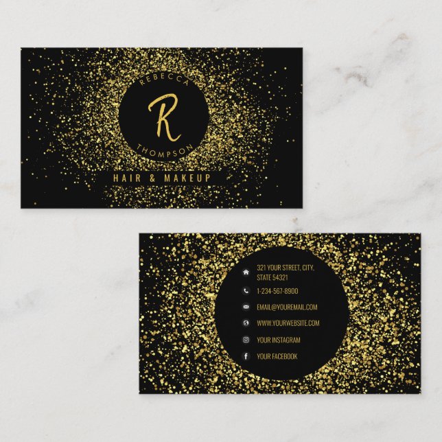 Guld & Svart Glitter Sociala Medier Visitkort (Fram/baksida)
