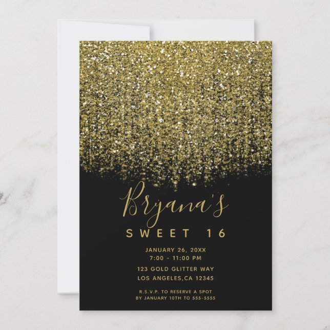 Guld & Svart Glittrande Glitter Sweet 16-fest Inbjudningar (Framsida)