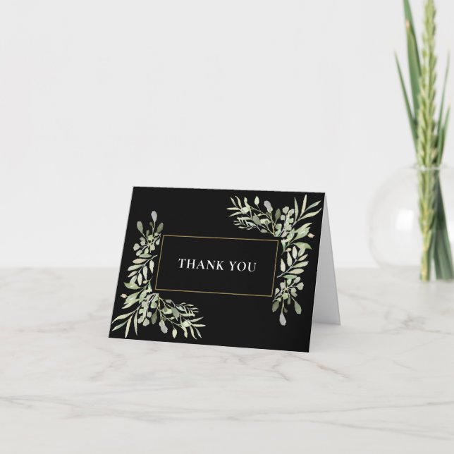 Guld Svart Grönska Blommor Bröllop Tack Kort (Framsida)