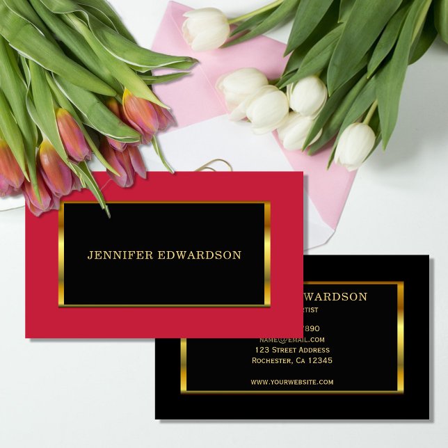 Guld svart kardinalröd elegant professionell visitkort (Modern elegant chic gold black, cardinal red minimalistic  professional business card.)