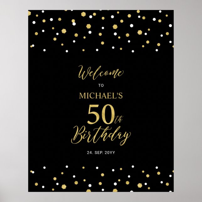 Guld & Svart Konfetti 50-års Födelsedagsfirande Vä Poster (Framsidan)