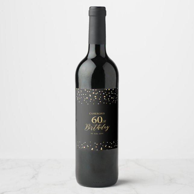 Guld & Svart Konfetti 60-årsfest Vinflaska Etikett (Framsida)