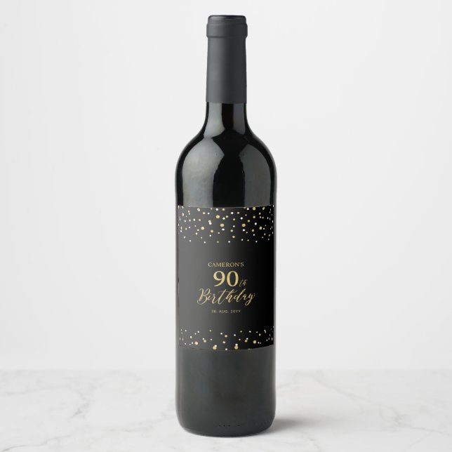 Guld & Svart Konfetti 90-års Födelsedagsfest Vinflaska Etikett (Framsida)