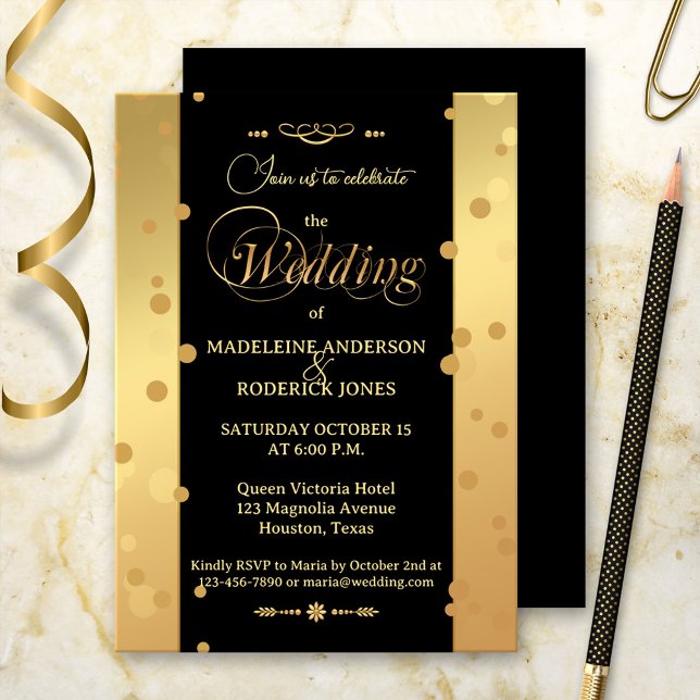 Guld Svart Konfetti Glamour Bröllop Inbjudningar (A stylish wedding invitation in gold and black with festive confetti sparkles)
