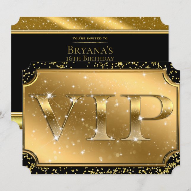 Guld Svart Konfetti Glitter Glam VIP Biljett till  Inbjudningar (Fram/baksida)