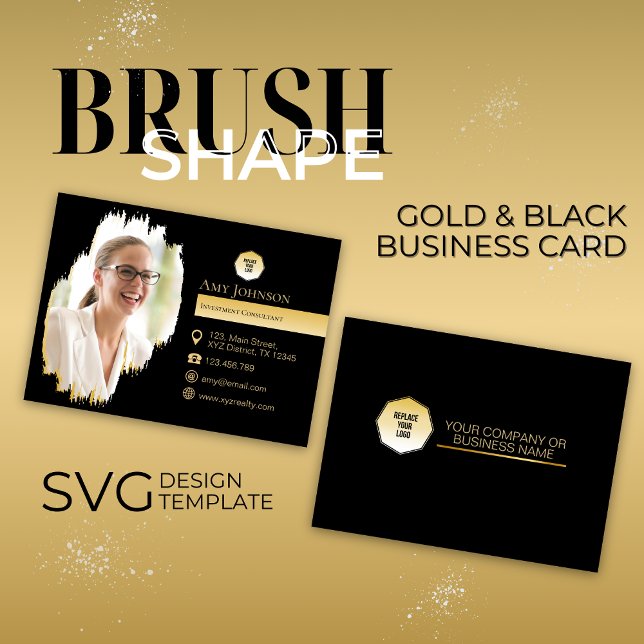 Guld & svart, lägg till eget foto i Penselform SVG Visitkort (Skapare uppladdad)