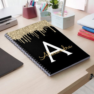 Guld Svart Lyx Glitter Glam Monogram Namn Anteckningsbok