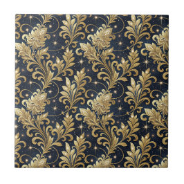 Guld & Svart Lyxigt Kungligt Damask Blommönster Kakelplatta