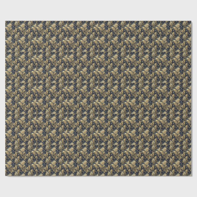 Guld & Svart Lyxigt Kungligt Damask Blommönster Presentpapper (Platt)