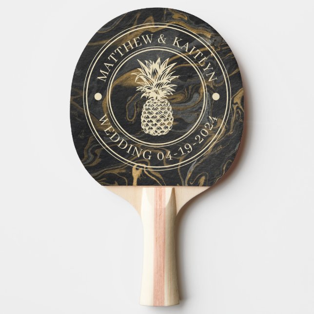 Guld Svart Marmor Ananas Bröllopskam & Namn Pingisracket (Framsidan)