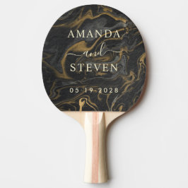 Guld Svart Marmor Par Namn med Bröllopsdatum Pingisracket