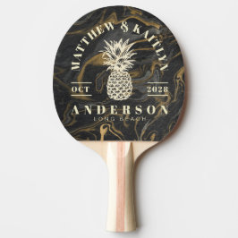 Guld Svart Marmor Tropisk Ananas Bröllopskam (elle Pingisracket