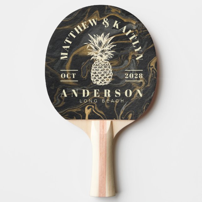 Guld Svart Marmor Tropisk Ananas Bröllopskam (elle Pingisracket (Framsidan)