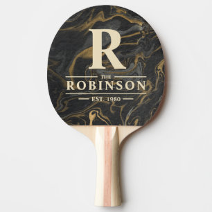 Guld Svart Marmor Virvel Familjenamn & Initialer Pingisracket