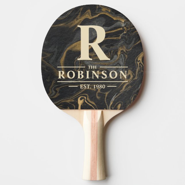 Guld Svart Marmor Virvel Familjenamn & Initialer Pingisracket (Framsidan)