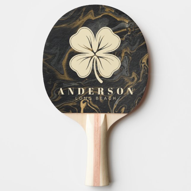 Guld Svart Marmor Virvel Fyrklöver med Namn Pingisracket (Framsidan)