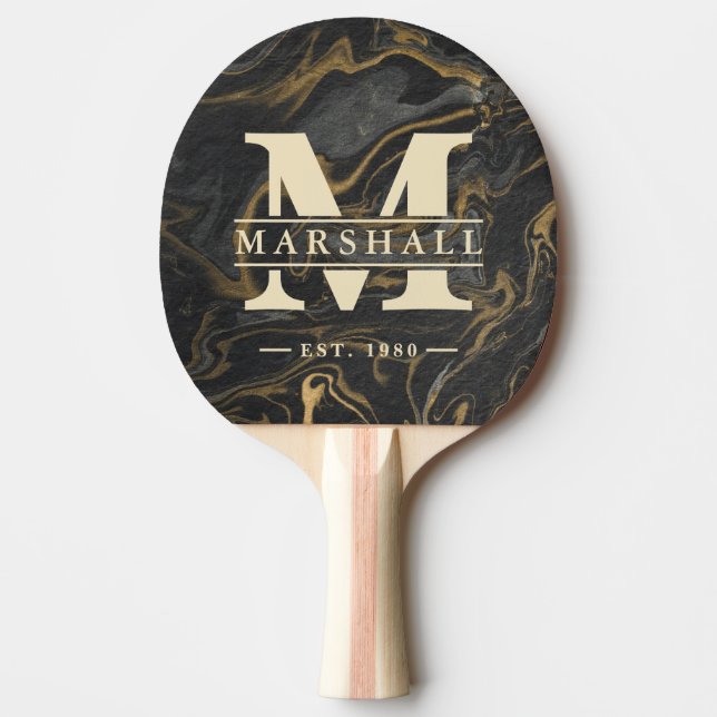 Guld Svart Marmor Virvel Monogram & Namn Överlägg Pingisracket (Framsidan)
