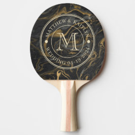 Guld Svart Marmor Virvel Sten Bröllop Monogram Pingisracket