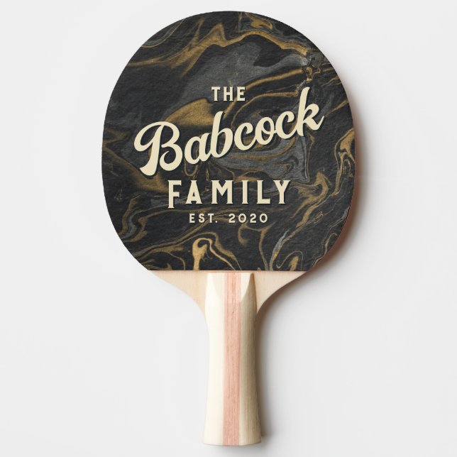 Guld Svart Marmor Virvel Sten Retro Familjenamn Pingisracket (Framsidan)