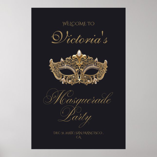 Guld Svart Maskerad Fest Födelsedag  Poster (Framsidan)