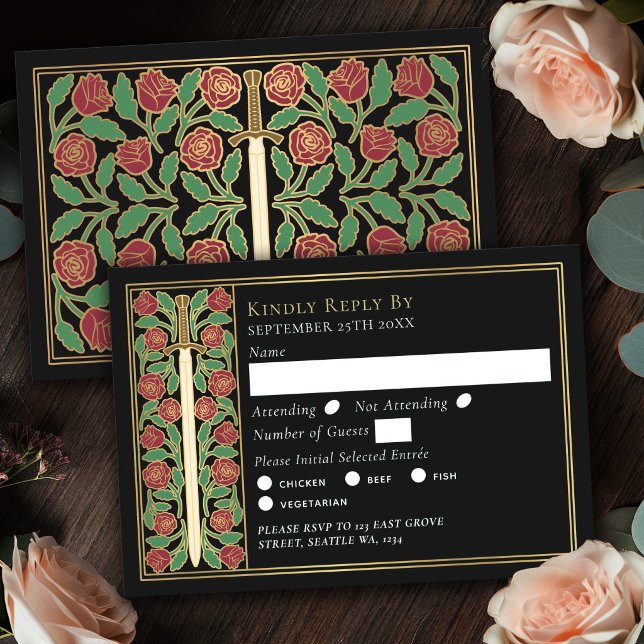 Guld Svart Medeltida Blommig Svärd Bröllop RSVP OSA Kort (Skapare uppladdad)