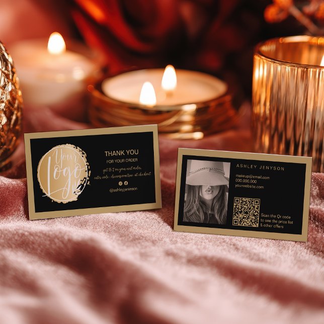 Guld Svart minimalistisk logotyp Qr beställning ta Visitkort (Gold Black minimalist logo Qr order thank you Business Card)