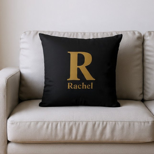 Guld/ Svart Modern Minimal Monogramnamn Kudde (Skapare uppladdad)