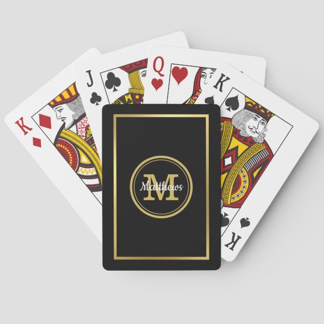 Guld & Svart Monogram & Namn Casinokort (Baksidan)