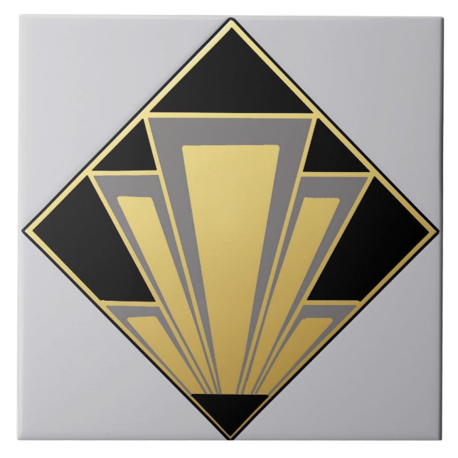Guld, svart och Grått Art Deco-keramik Kakelplatta (Framsidan)