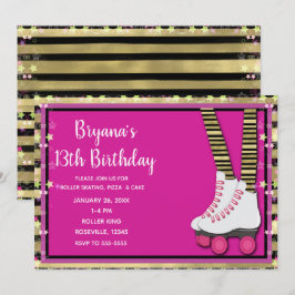 Guld svart och rosa rullskridsko födelsedagsfest inbjudningar
