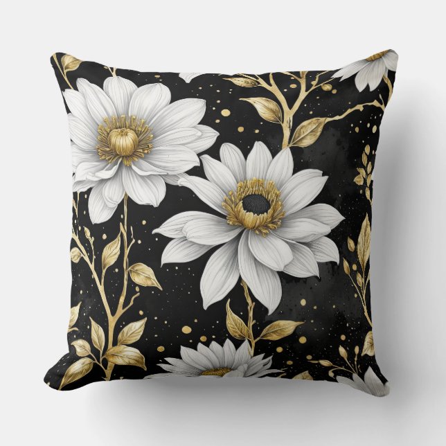 Guld, svart och vit blommigt kudde (Framsida)