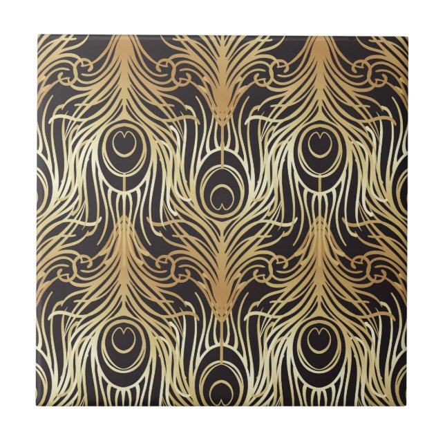 guld svart, påfågelmönster, art nouveau, vintage, kakelplatta (Framsidan)