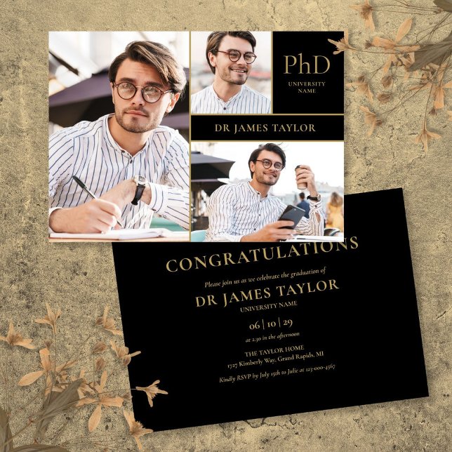 Guld Svart PhD-examen 3 Foto Examenstårtfirande Inbjudningar (Gold Black PhD Degree 3 Photo Graduation Party Invitation)