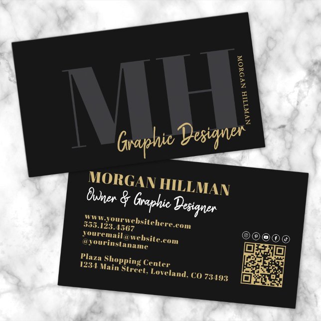 Guld Svart QR-kod Trendig Monogram Visitkort (Gold Black QR Code Trendy Monogram Business Card)