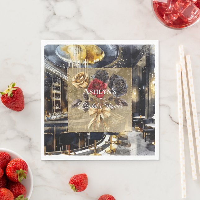 Guld Svart Röd Nattklubb Blommig Bröllopsfest  Pappersservett (Insitu)