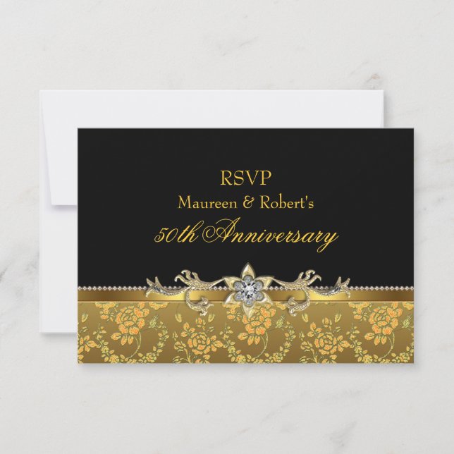 Guld & Svart Ros 50-årsjubileum RSVP OSA Kort (Framsida)