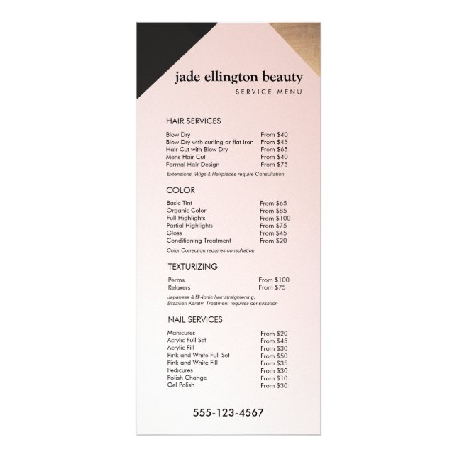 Guld, Svart Rosa Salon Spa Pris List Service Menu Reklamkort (Framsidan)