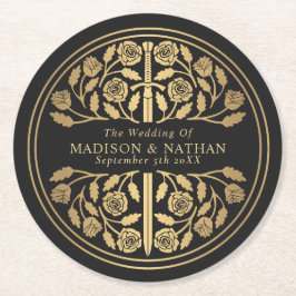 Guld Svart Royal Medeltida Svärd Bröllop Underlägg Papper Rund