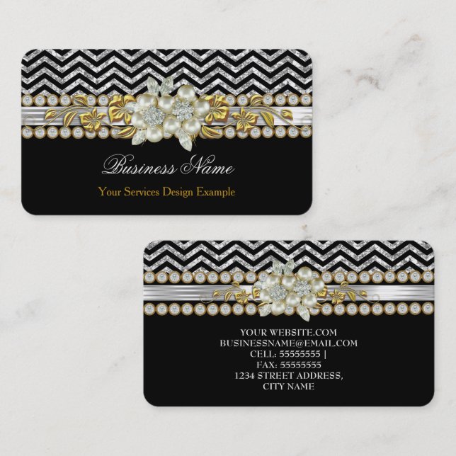 Guld Svart Silver Chevron Diamant Pärl Blomma Visitkort (Fram/baksida)