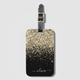 Guld Svart Tjej Glitter Glans Monogram Namn Bagagebricka